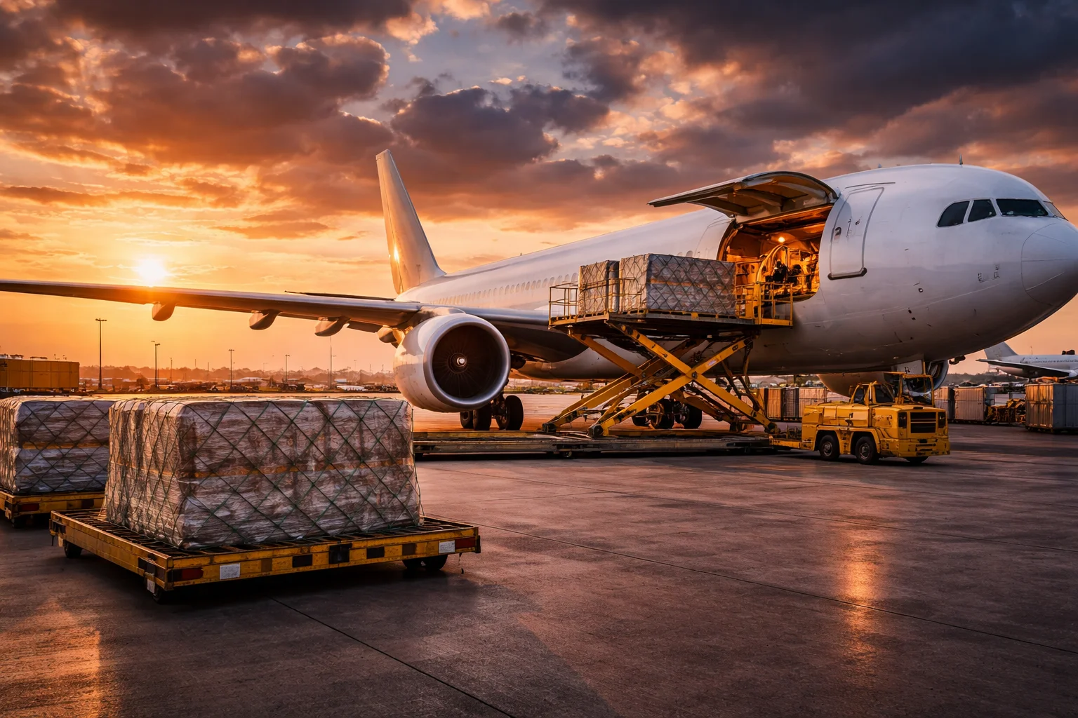 Cargo aircraft being loaded with freight pallets at sunset