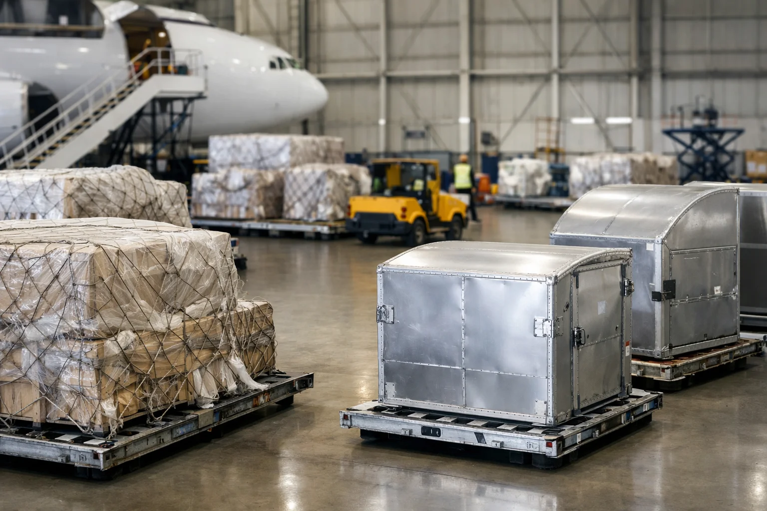 Air freight cargo pallets being sorted inside aircraft hangar