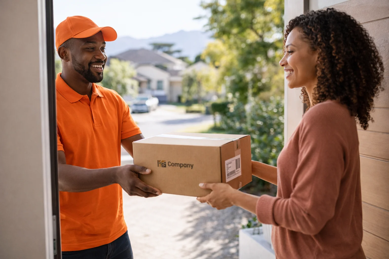 Courier driver delivering parcel to customer at front door