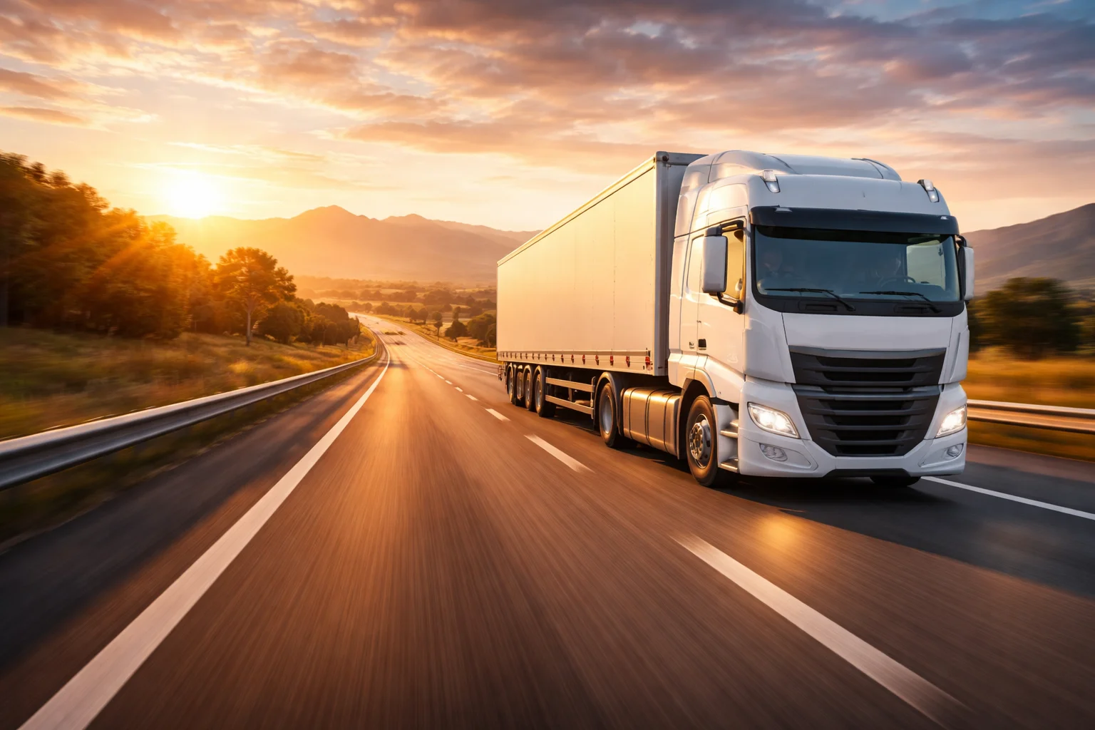 Delivery truck driving on highway at sunrise for overnight freight