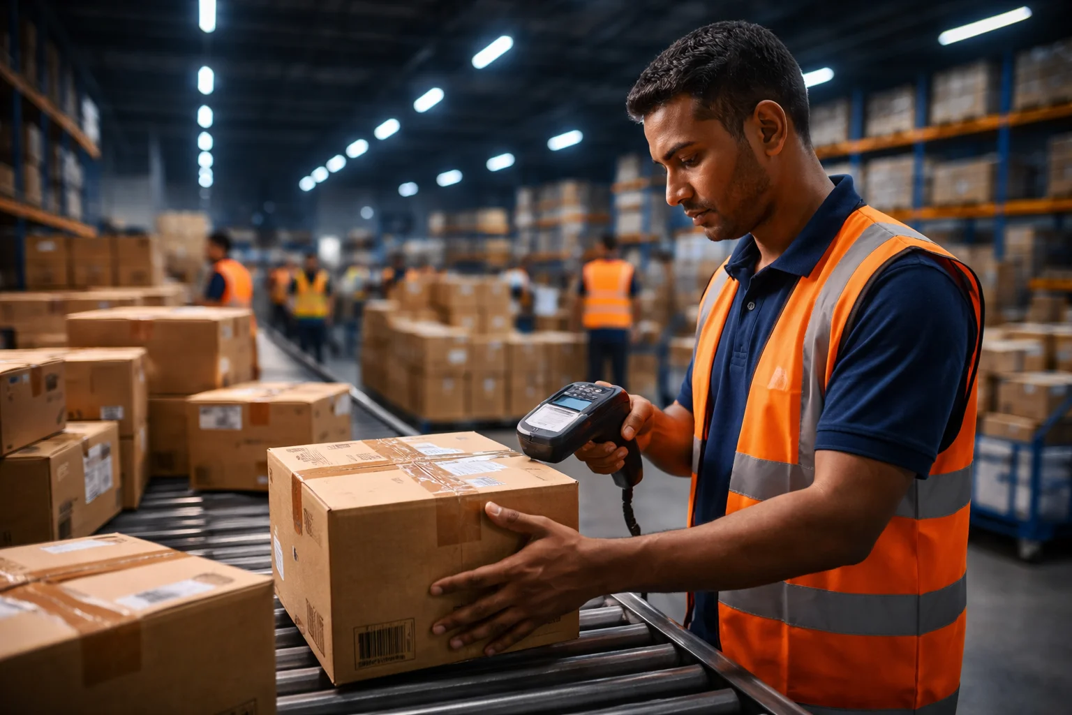 Warehouse worker scanning parcels at distribution hub