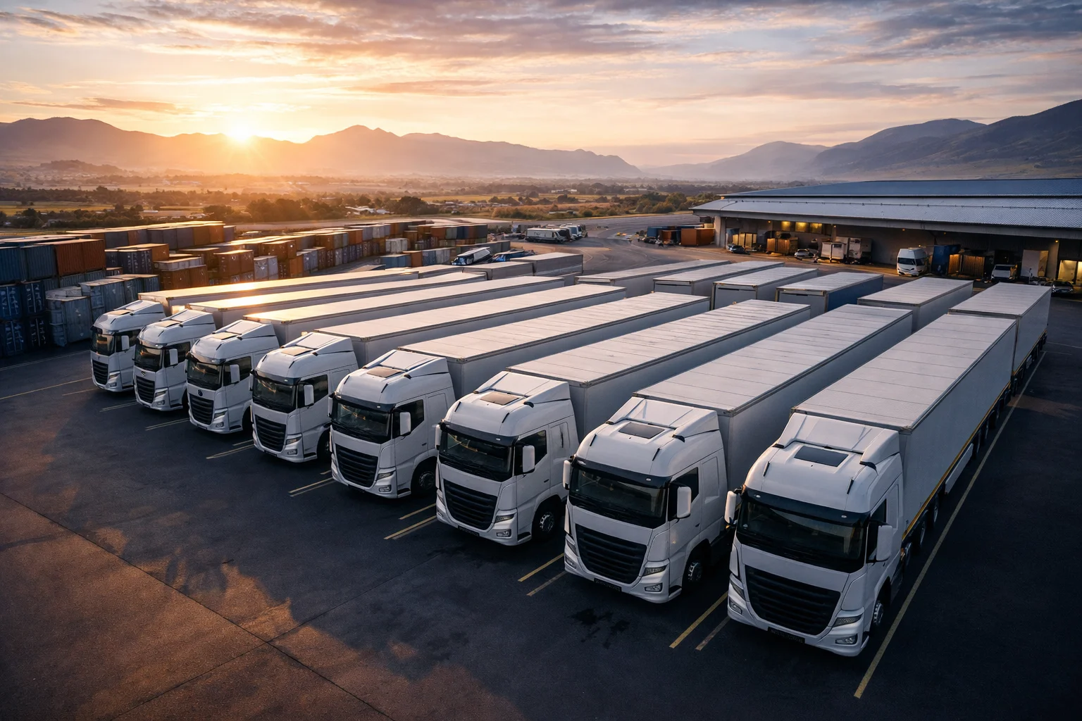 Fleet of freight trucks at logistics depot ready for dispatch