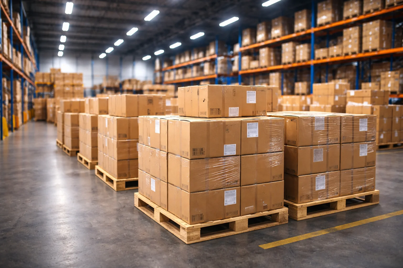 Palletised parcels stacked in modern warehouse facility
